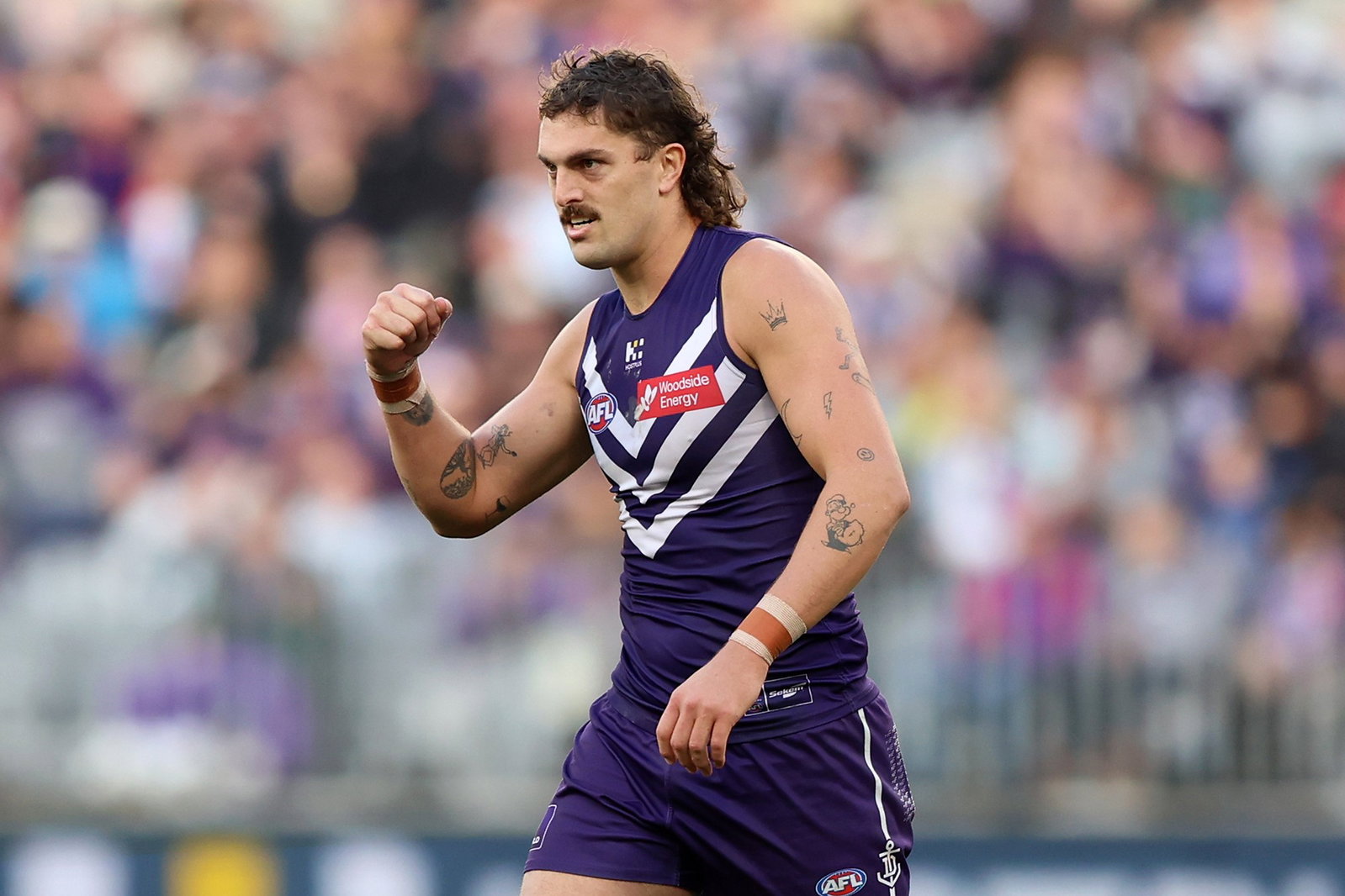 Luke Jackson of the Dockers celebrates a goal during the round 16 AFL match between Fremantle Dockers and Gold Coast Suns at Perth Stadium, on June 28, 2026, in Perth, Australia.