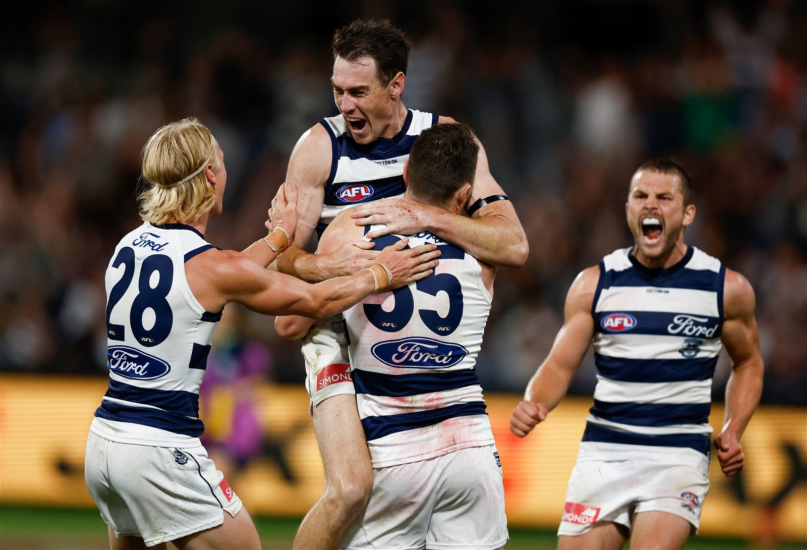 Patrick Dangerfield (35) celebrates a goal for Geelong against St Kilda.