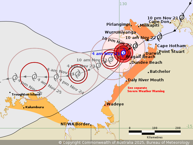 Um mapa mostra o ciclone se afastando do NT.