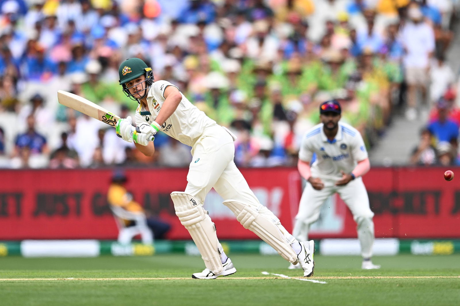 Sam Konstas plays off his pads into the leg side for a runs against India at the MCG