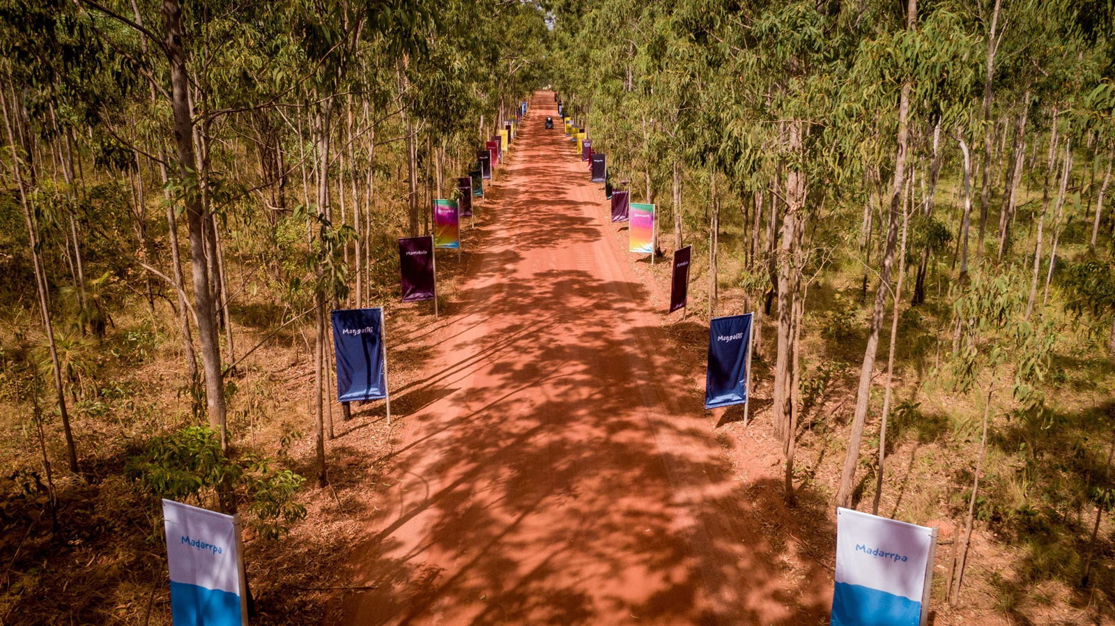 A wide shot showing a dirt driveway leading to the Garma Festival.