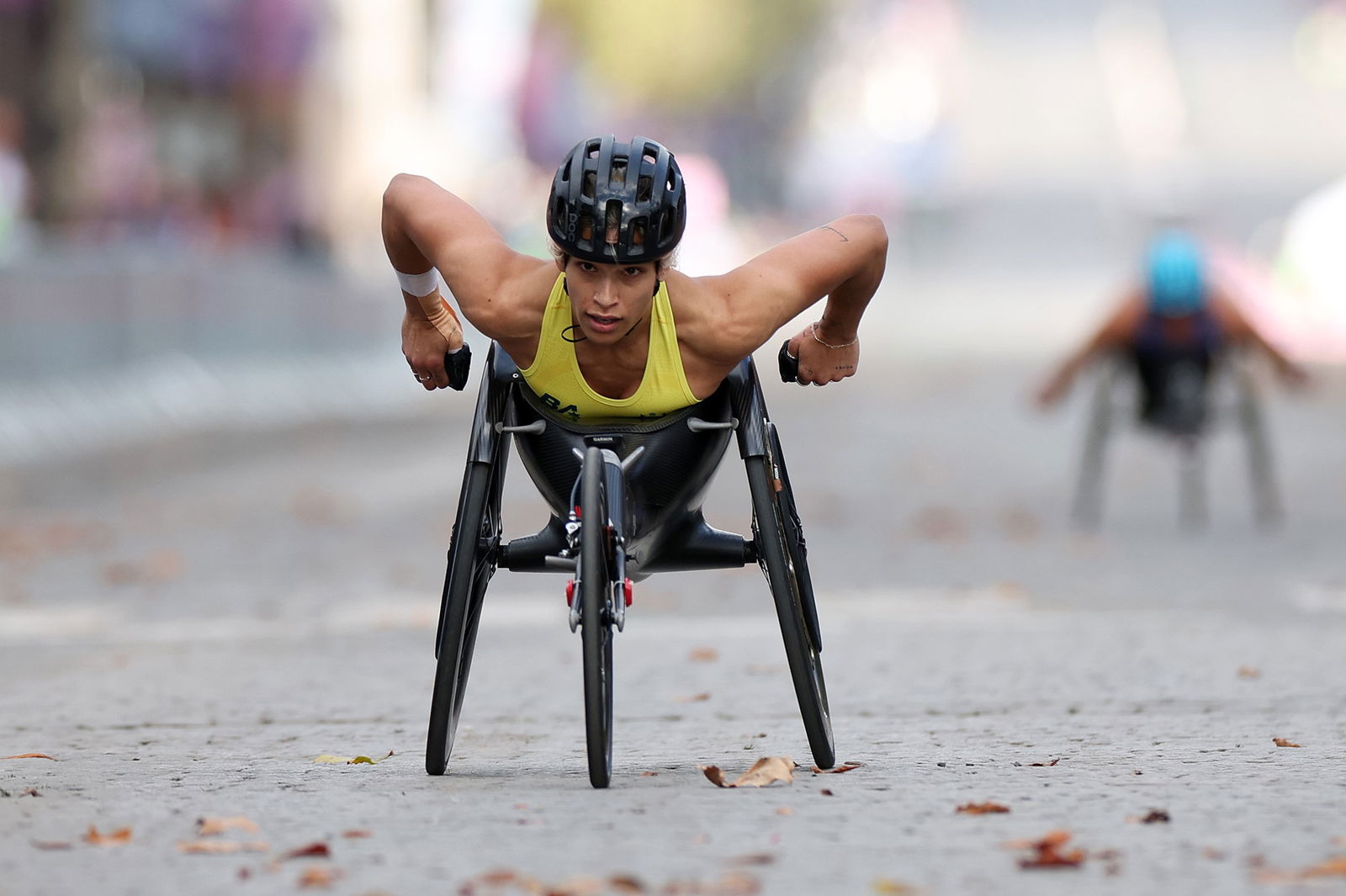 Australian wheelchair racer Madison de Rozario pushes at the end of the marathon.