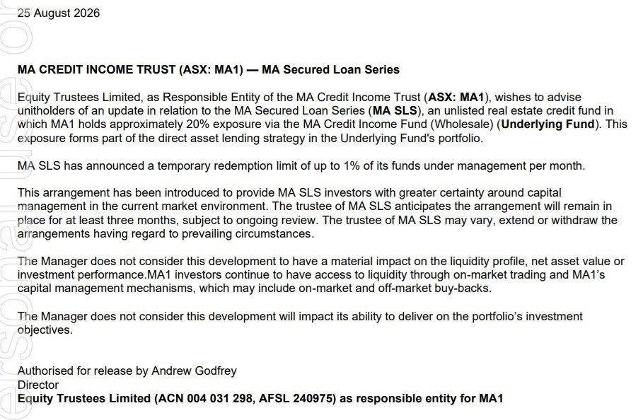 MA Financial limits redemptions