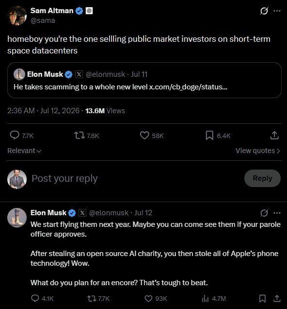 Twitter exchange between Sam Altman and Elon Musk