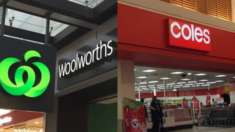 A composite image showing a Woolworths and Coles shopfront next to each other.