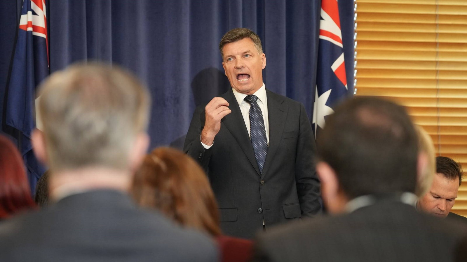 Anugs Taylor speaing to the Coalition party room