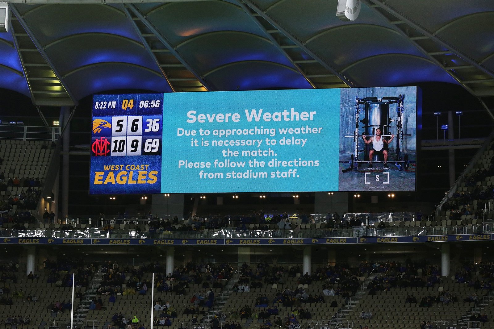 Screen at Perth Stadium flagging weather delay