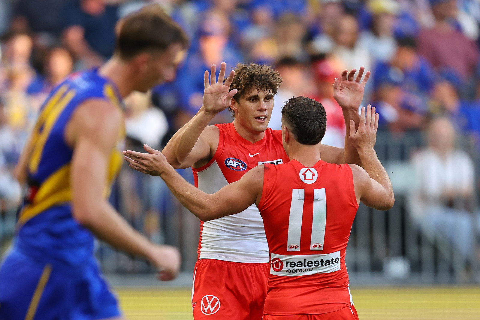 Charlie Curnow of the Swans celebrates his third goal during the round four AFL match between West Coast Eagles and Sydney Swans at Perth Stadium, on April 04, 2026, in Perth, Australia.