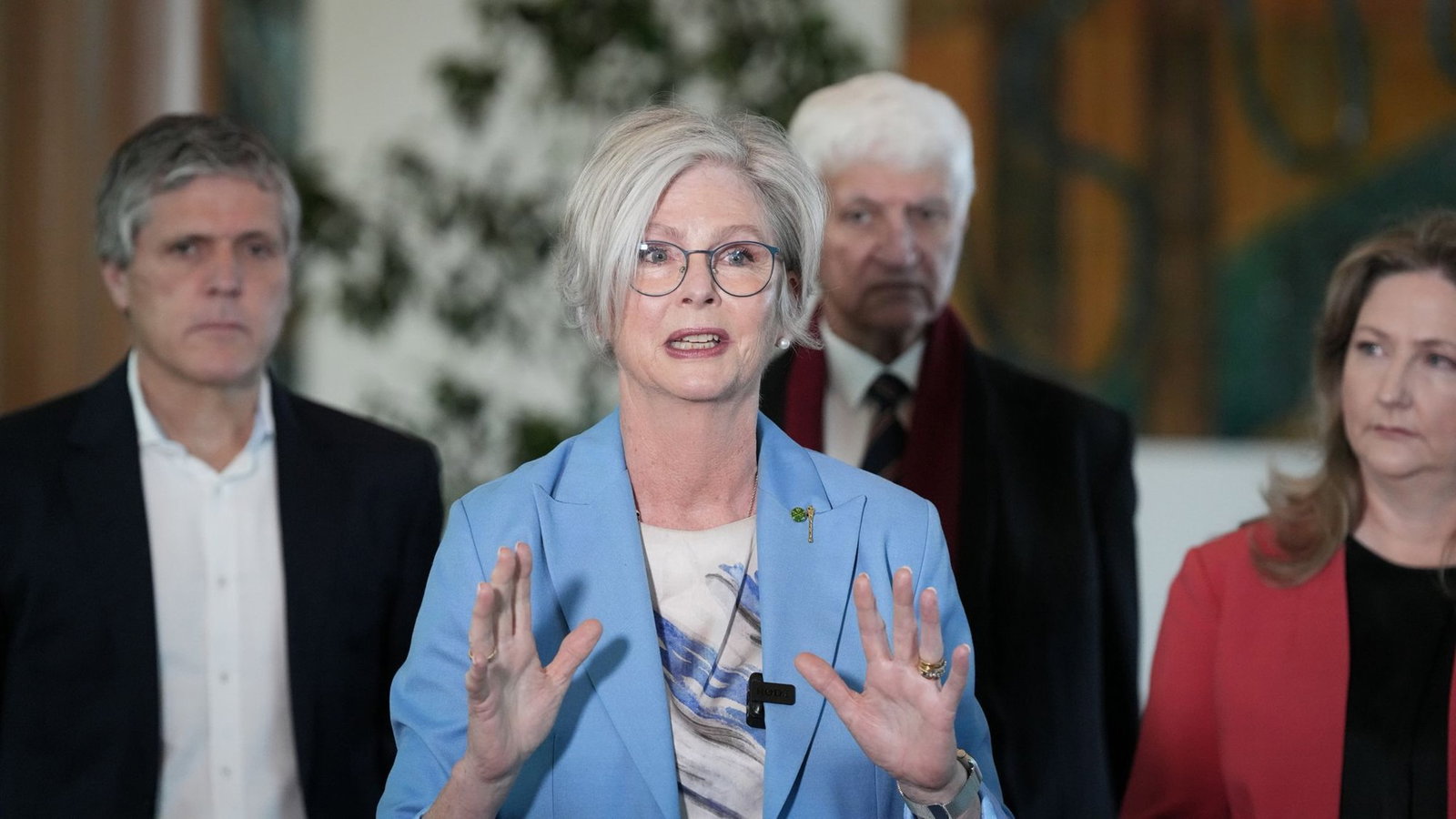 Helen Haines at a press conference.