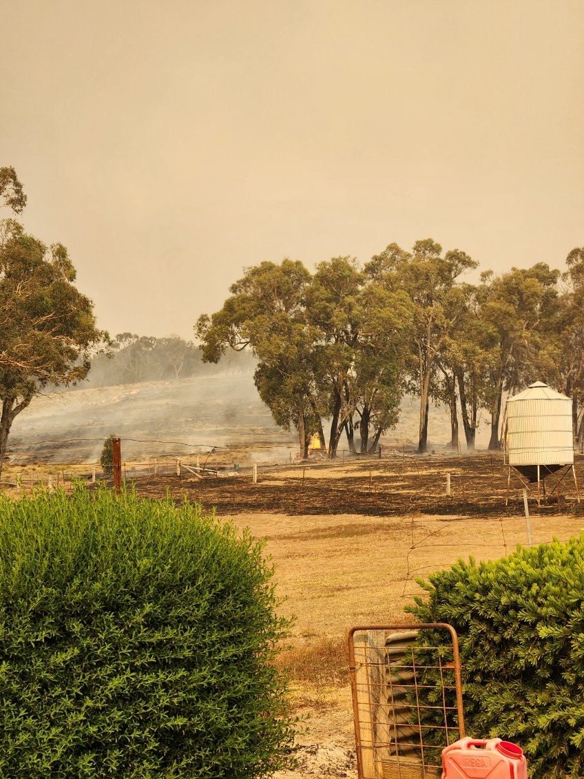 Smoke rises from a burnt section of ground across a sepia-tinged landscape.