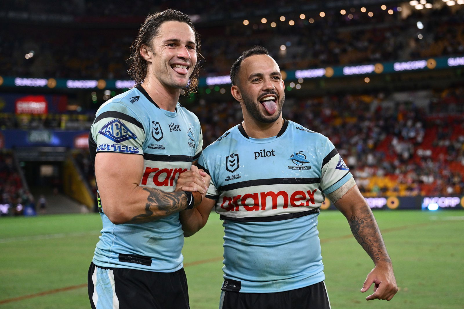 Sharks players Nicho Hynes and Braydon Trindall.