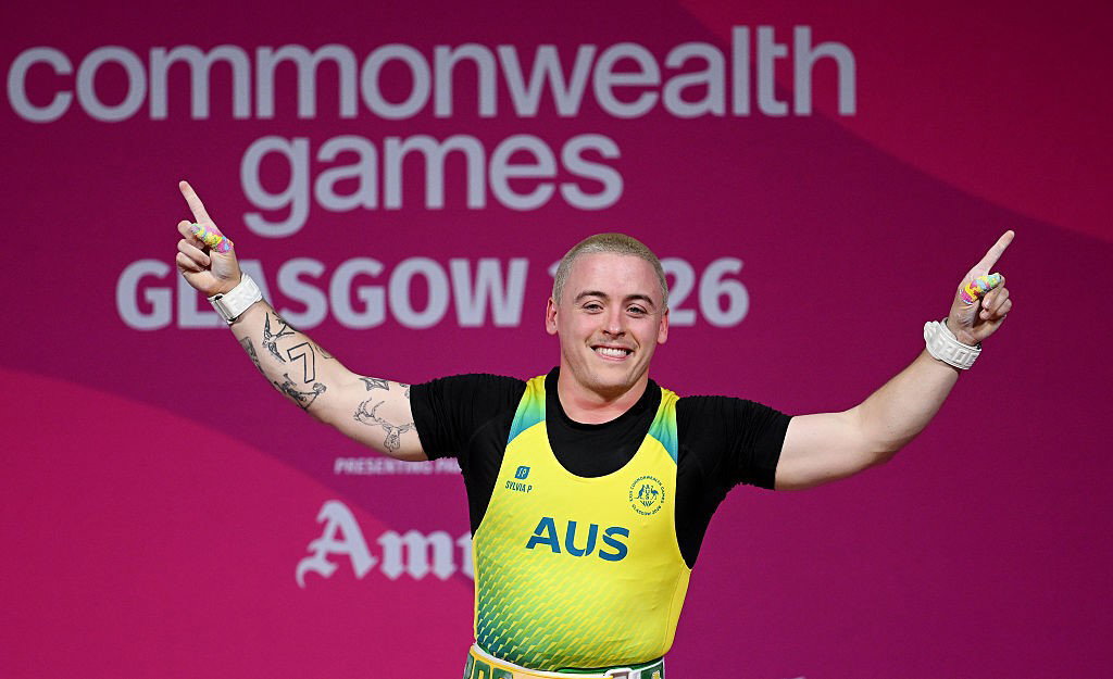 Rory Scott of Team Australia celebrates a lift during the Men's 79kg Weightlifting on day four of the Glasgow 2026 Commonwealth Games at SEC Armadillo on July 27, 2026 in Glasgow, Scotland