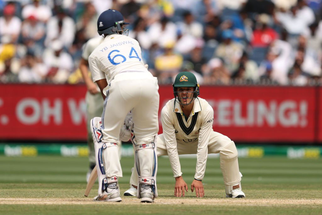 Sam Konstas looks at Yashasvi Jaiswal during a Test at the MCG.