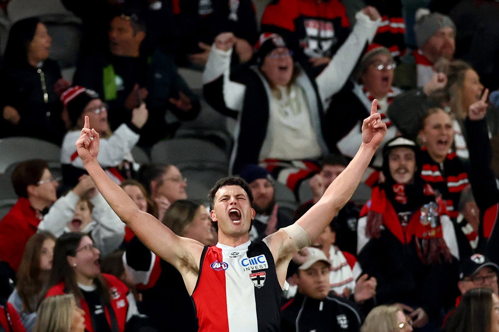 Rowan Marshall of the Saints celebrates kicking a goal during the round 18 AFL match between St Kilda Saints and Port Adelaide Power at Docklands on July 11, 2026, in Melbourne, Australia.