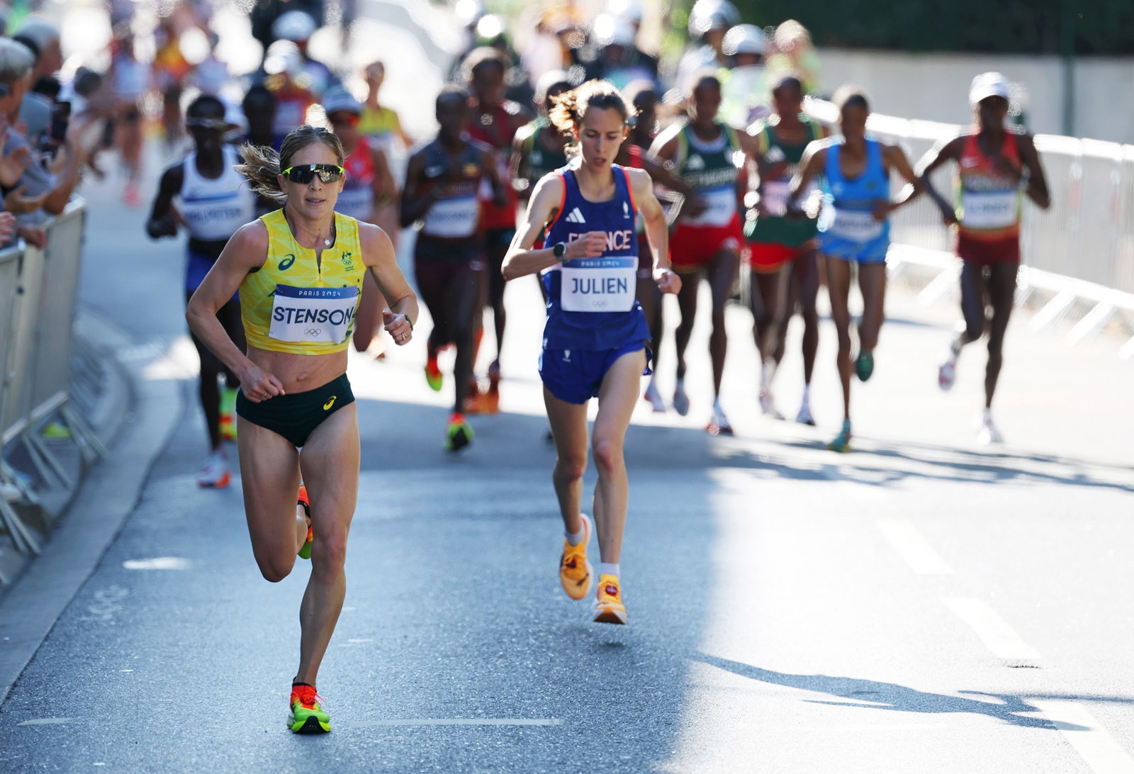 Jessica Stenson of Australia leads the women's marathon at the Paris Olympics.