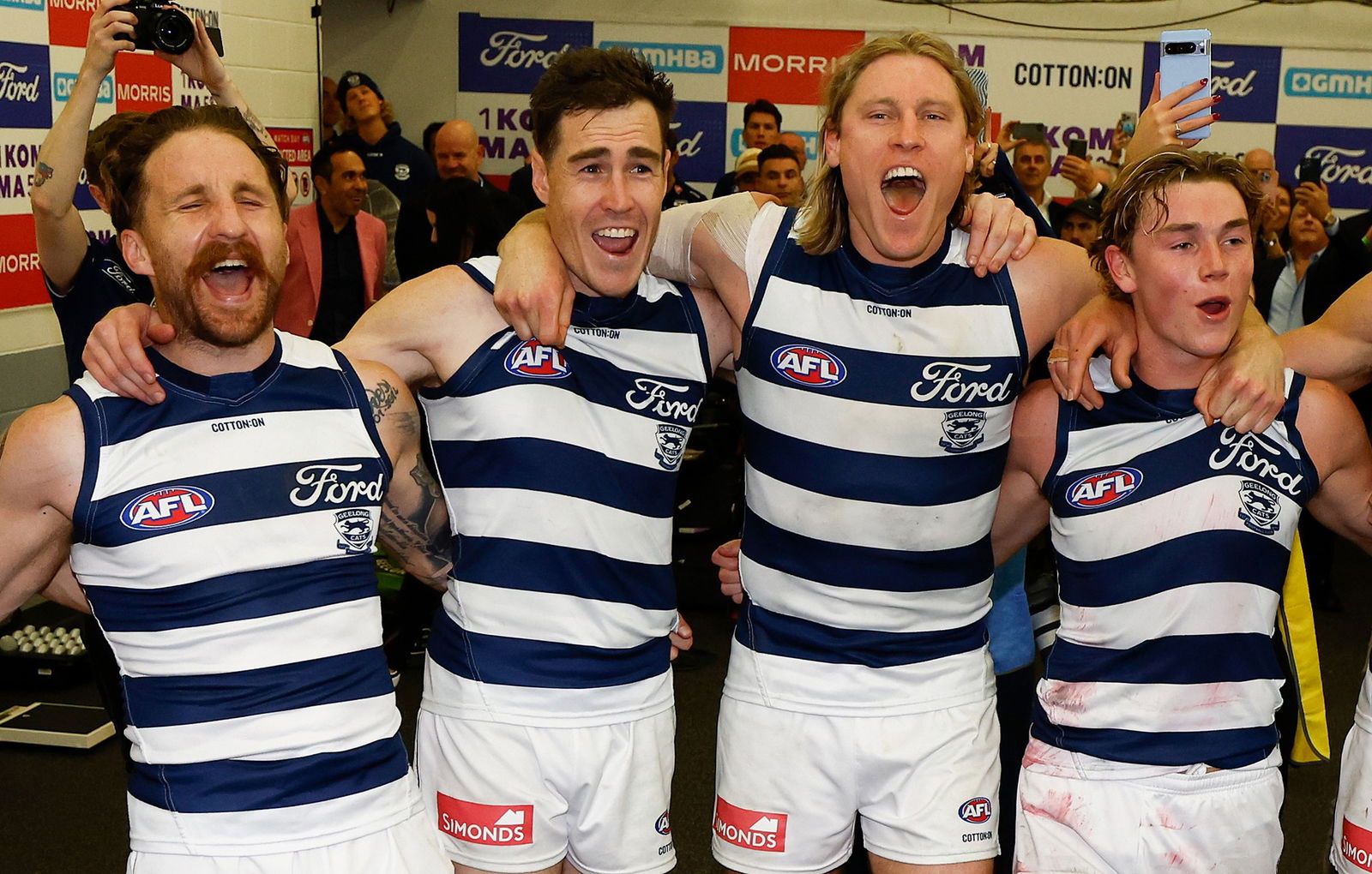 Geelong players sing the team song