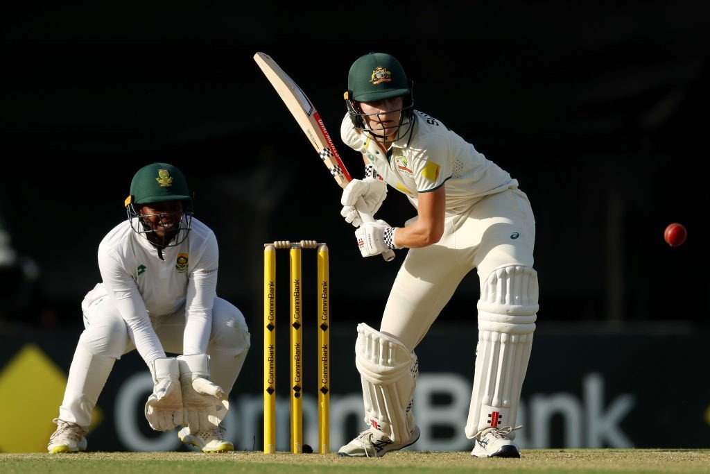 Australia batter Annabel Sutherland prepares to hit a ball in a Test against South Africa.