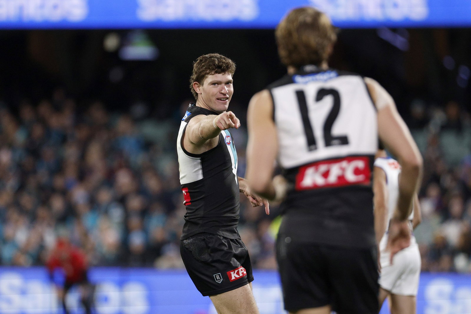 Mitch Georgiades of the Power celebrates a goal during the 2026 AFL Round 17 match between the Port Adelaide Power and the North Melbourne Kangaroos at Adelaide Oval on July 5, 2026 in Adelaide, Australia.