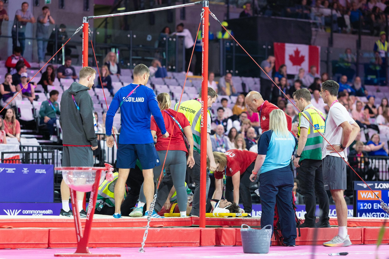 Medical staff surrounding Langton who lies on the floor