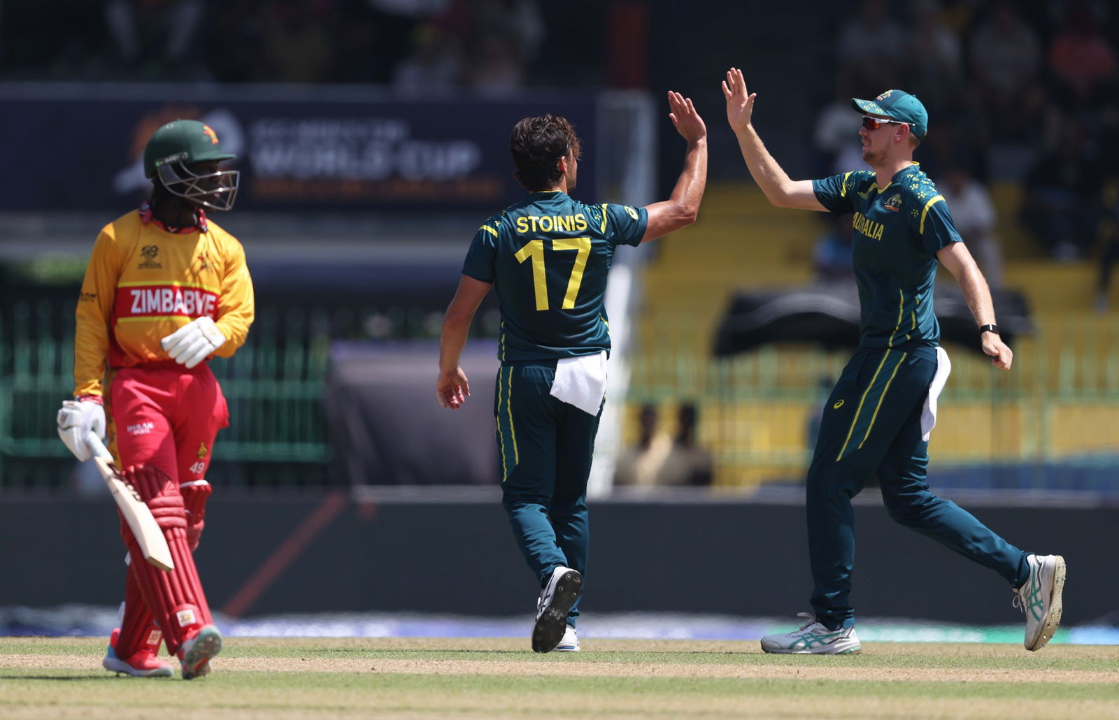 Marcus Stoinis (17) celebrates the wicket of Tadiwanashe Marumani.