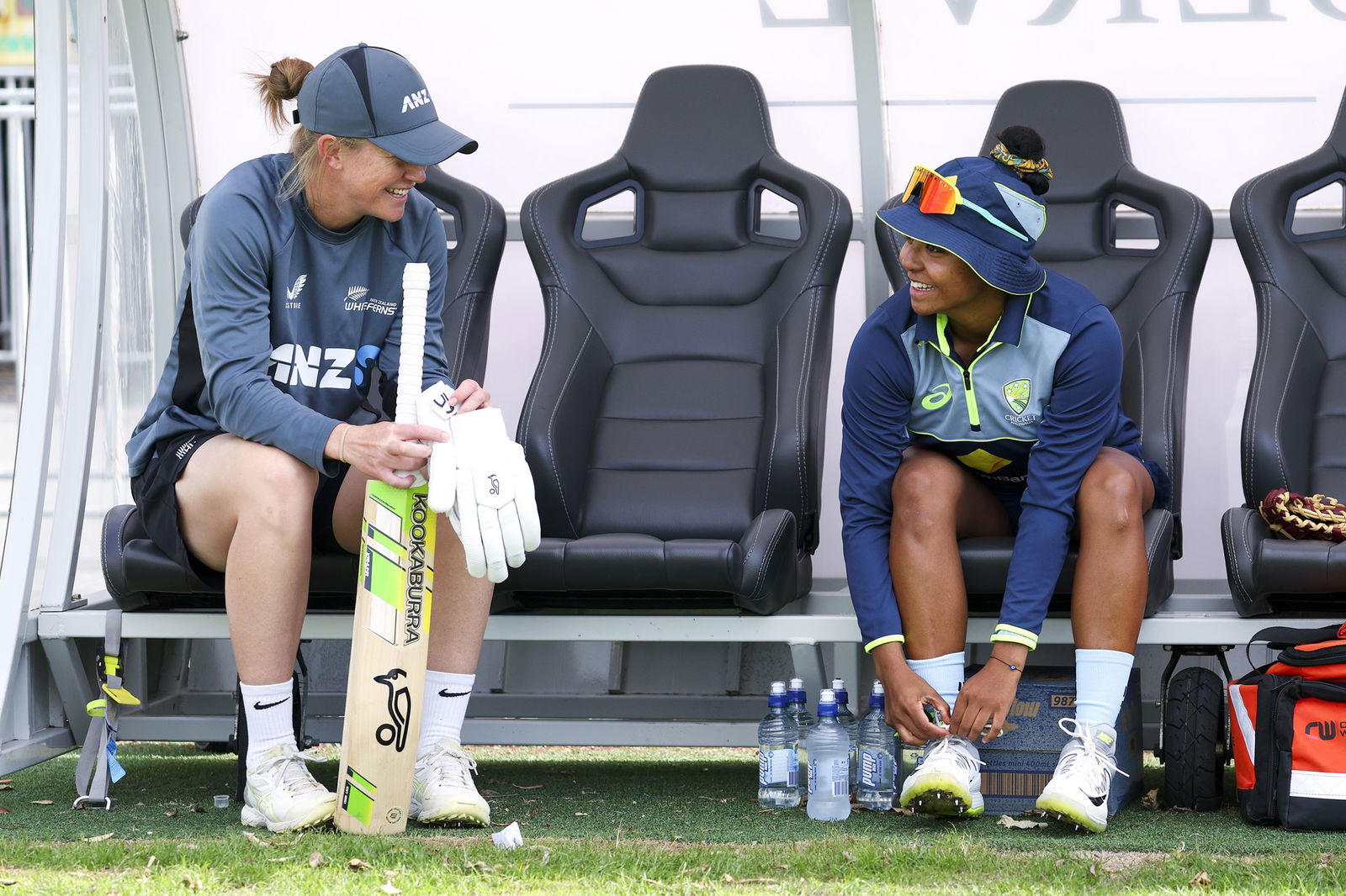  Maddy Green of New Zealand talks to Alana King of Australia prior to game three of the Women's ODI series between New Zealand and Australia at Basin Reserve