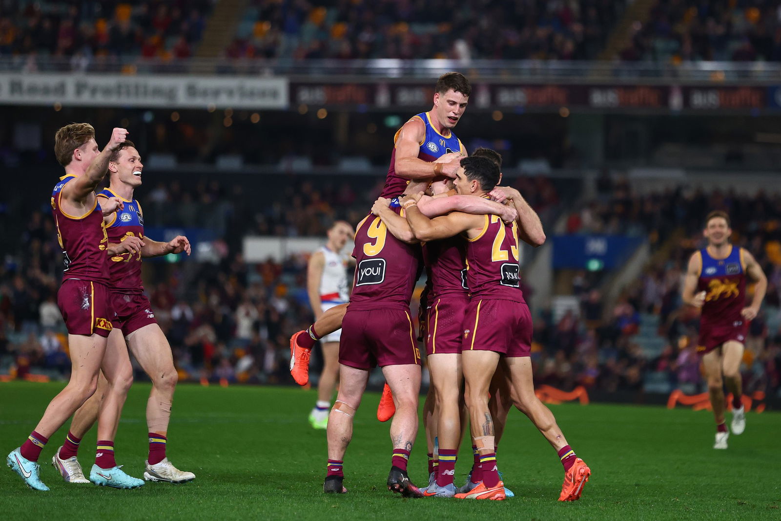 Will Ashcroft of the Lions celebrates a goal during the round 19 AFL match between Brisbane Lions and Western Bulldogs at The Gabba on July 18, 2025 in Brisbane, Australia.