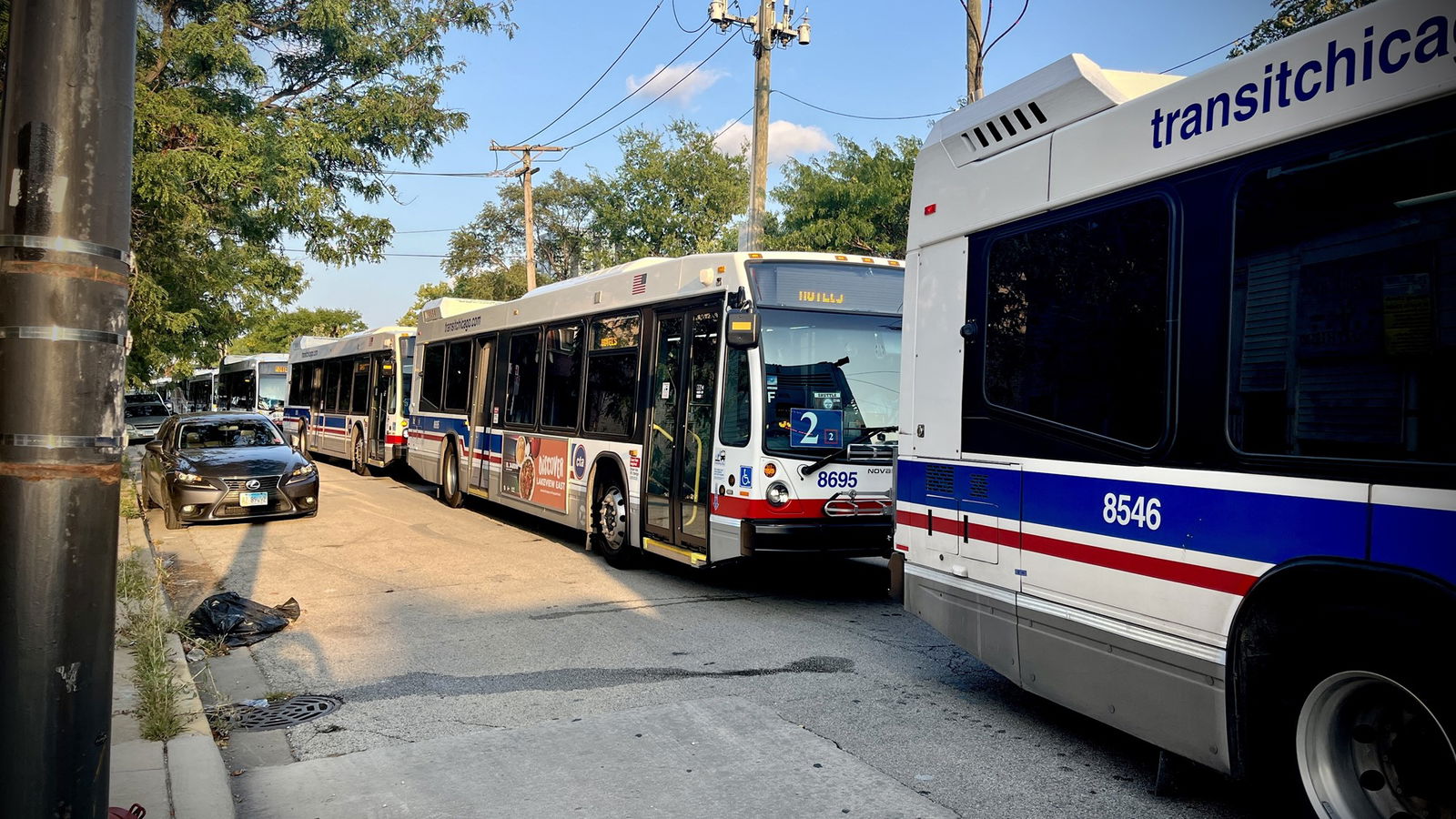 A queue of stationary buses