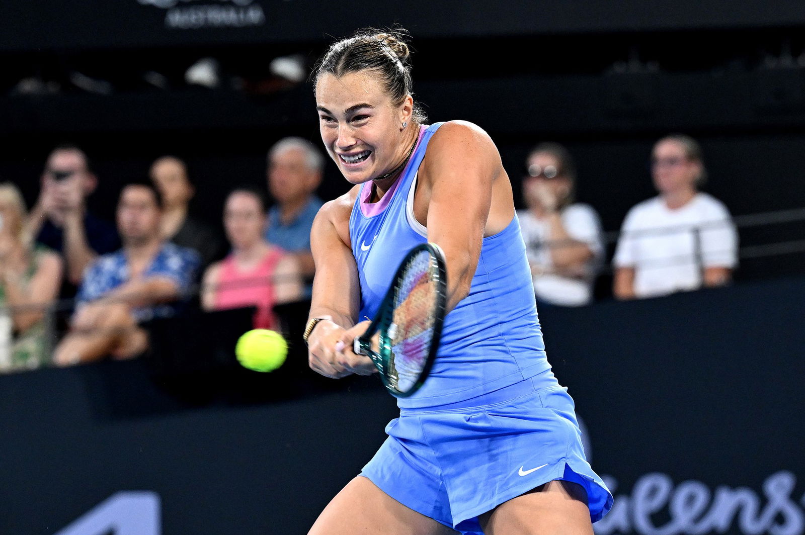 Aryna Sabalenka plays a double-fisted backhand.