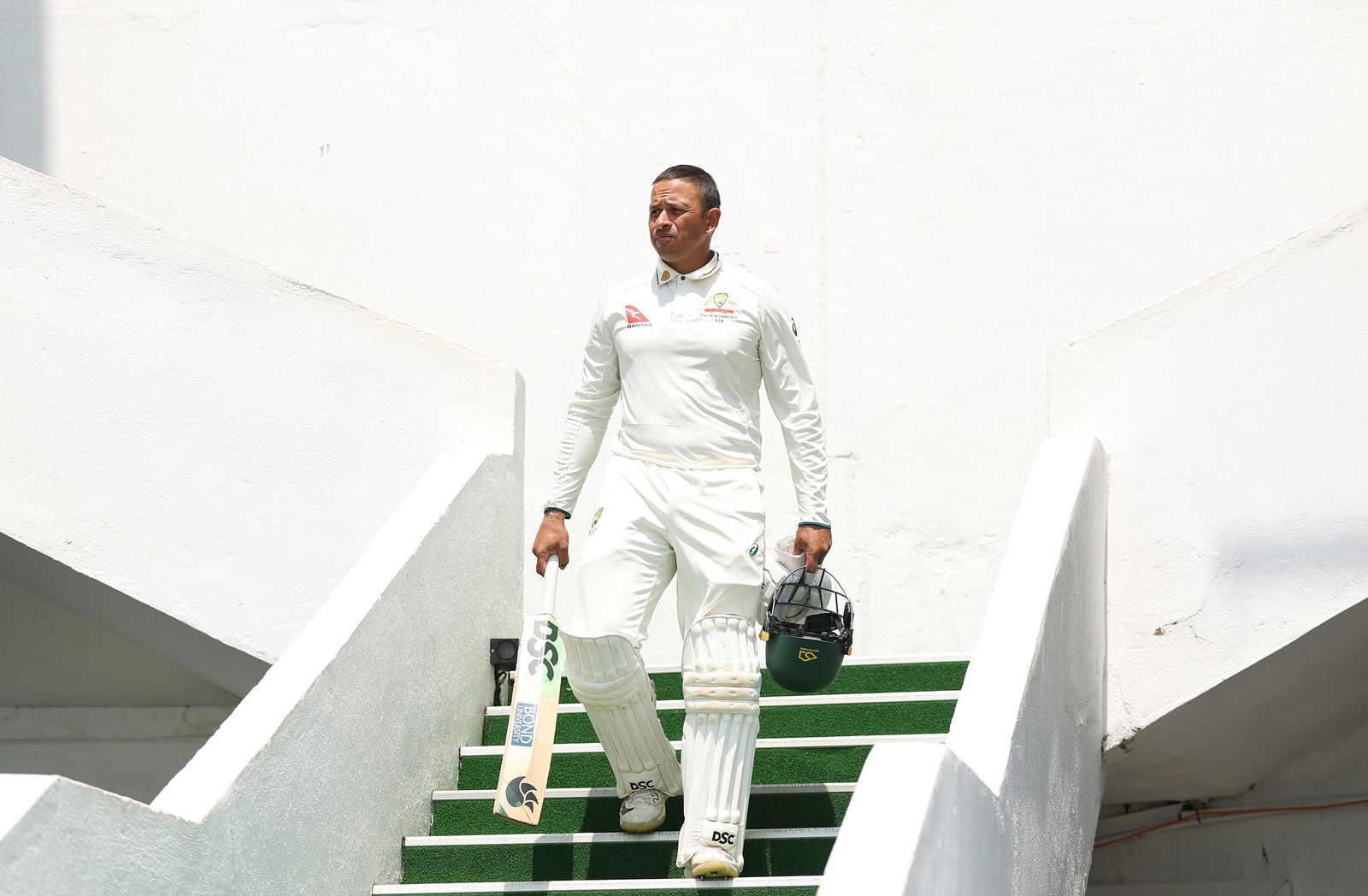 Usman Khawaja gets set to enter the ground for the second session on day two.