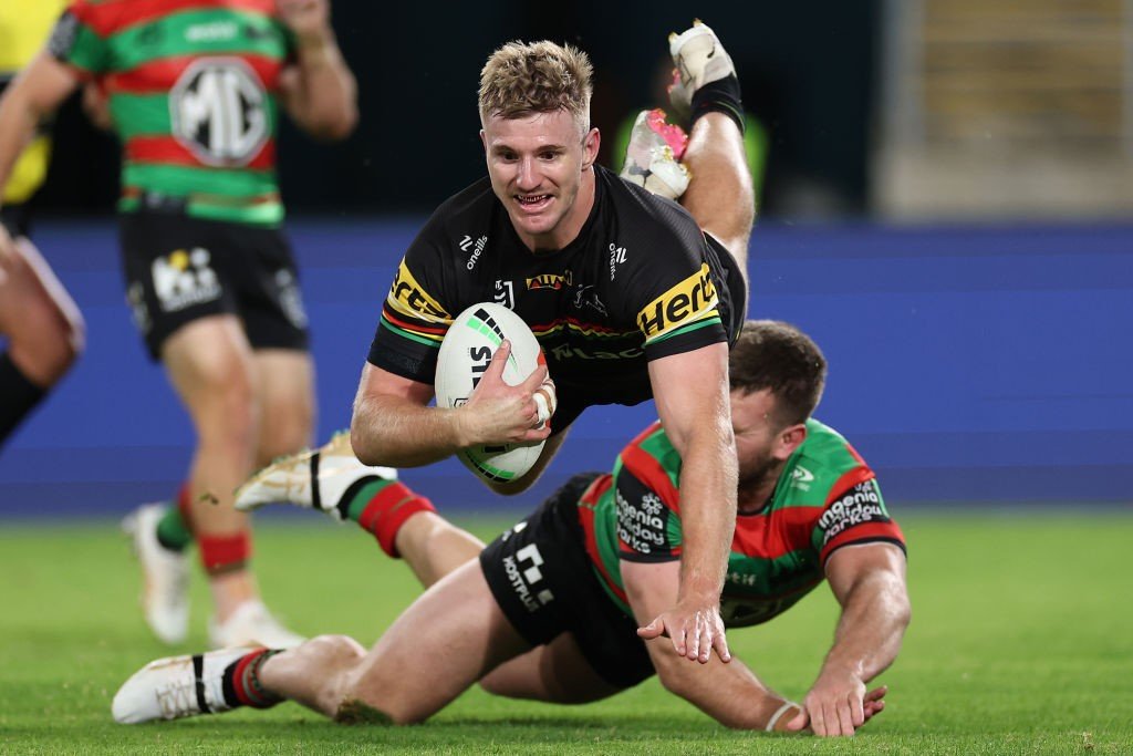 Luke Garner dives in for a try for Penrith Panthers in and NRL game against SOuth Sydney Rabbitohs.