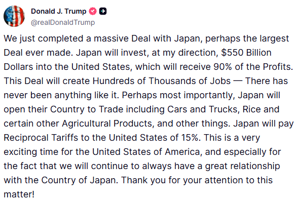 Donald Trump's post on Japan trade deal