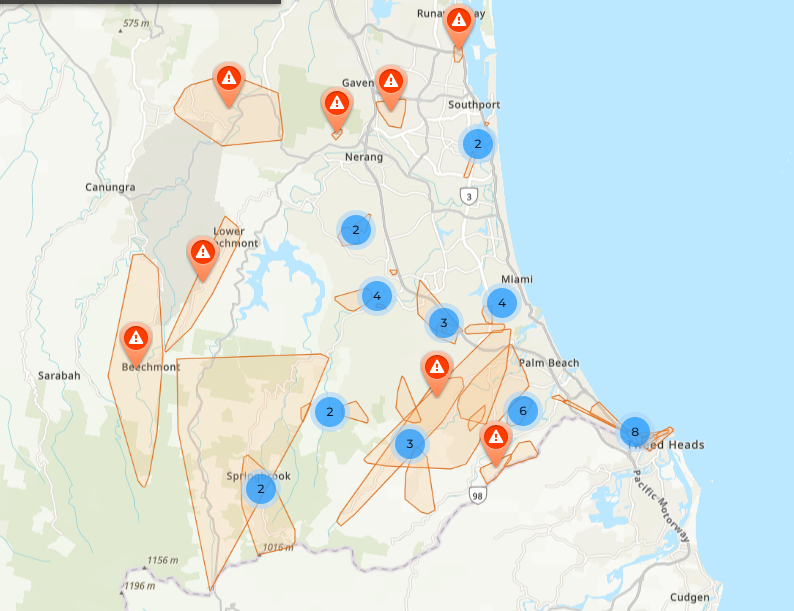 A map showing unplanned power outages on the Gold Coast.