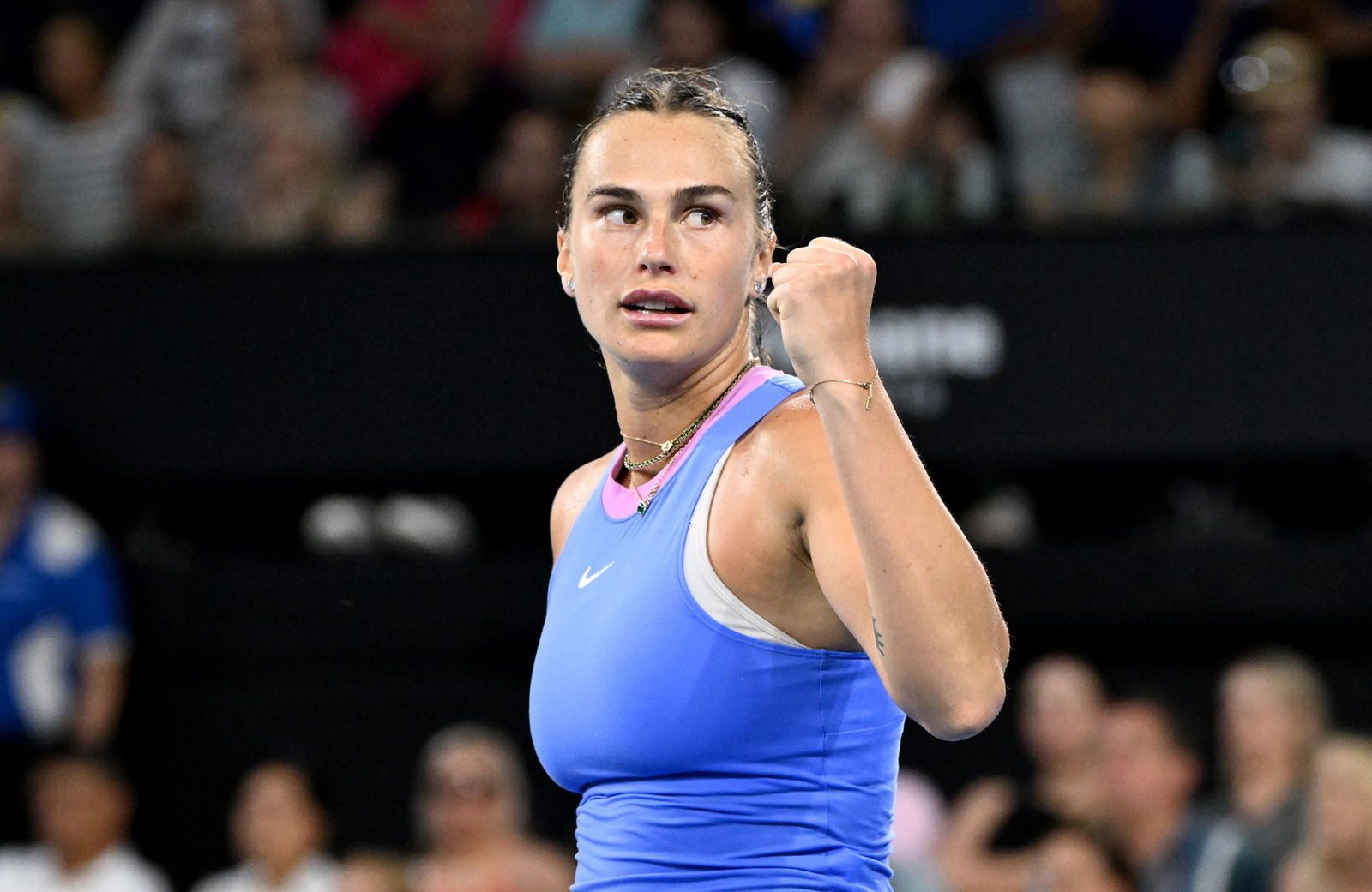 Aryna Sabalenka pumps her first.