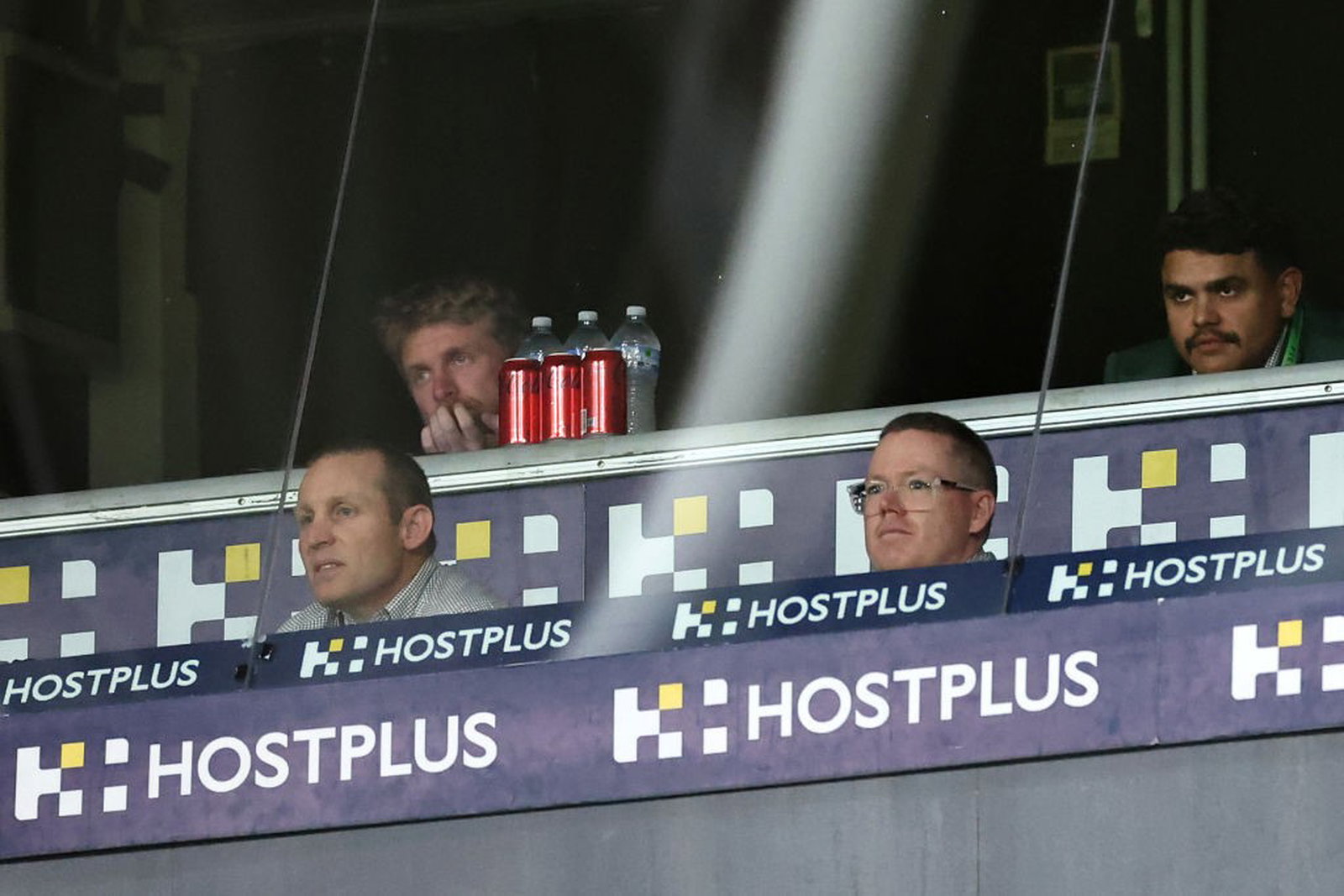 THe South Sydney Rabbitohs coaches' box featuring Ben Hornby and Latrell Mitchell.
