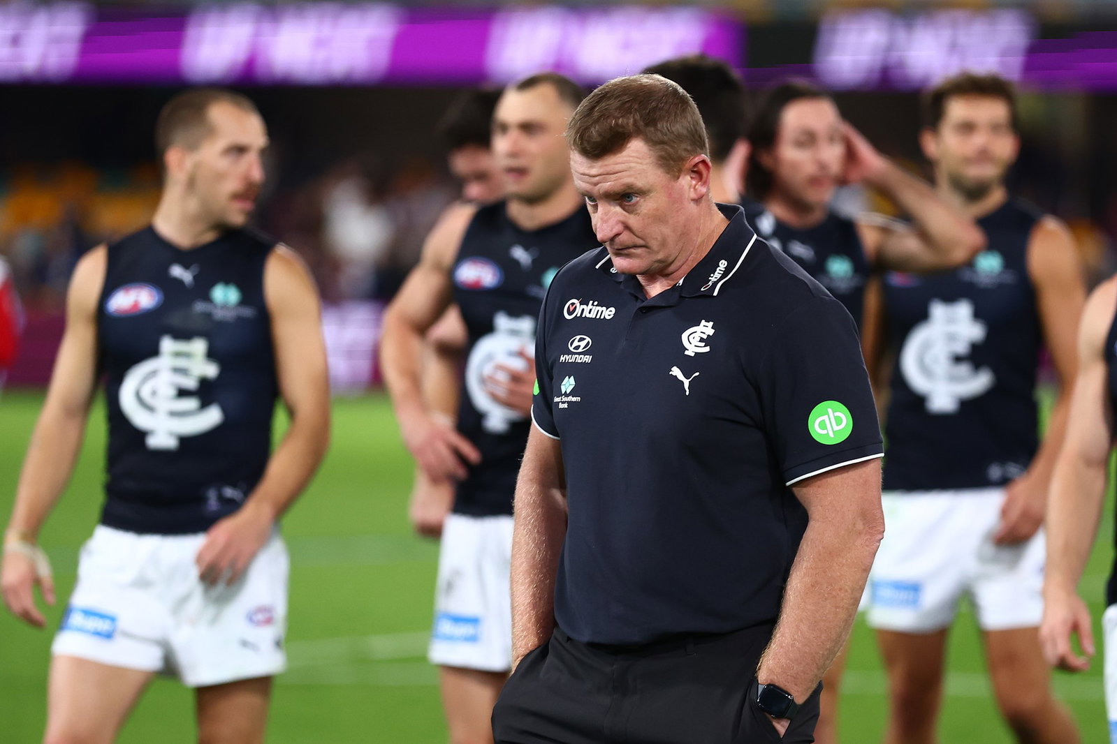 Michael Voss, Senior Coach of the Blues and the team leave the field after the round nine AFL match between Brisbane Lions and Carlton Blues at The Gabba, on May 08, 2026, in Brisbane, Australia.