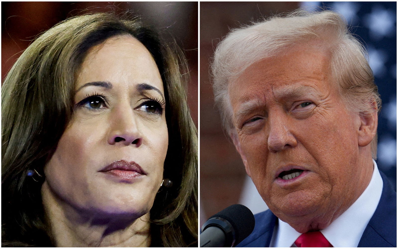 A split-screen photo with a portrait of Kamala Harris on one side and Donald Trump on the other