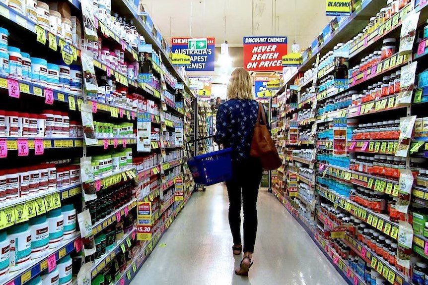 Rows of vitamins at the chemist.