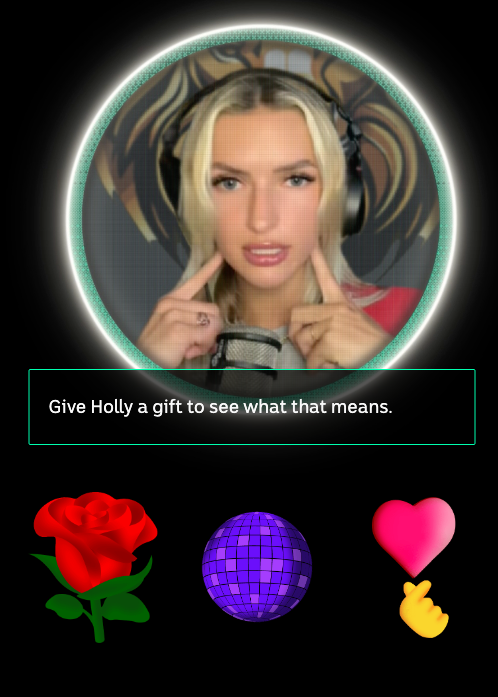 A screenshot shows live-streamer Holly MacAlpine with an illustrated version of options to give her gifts