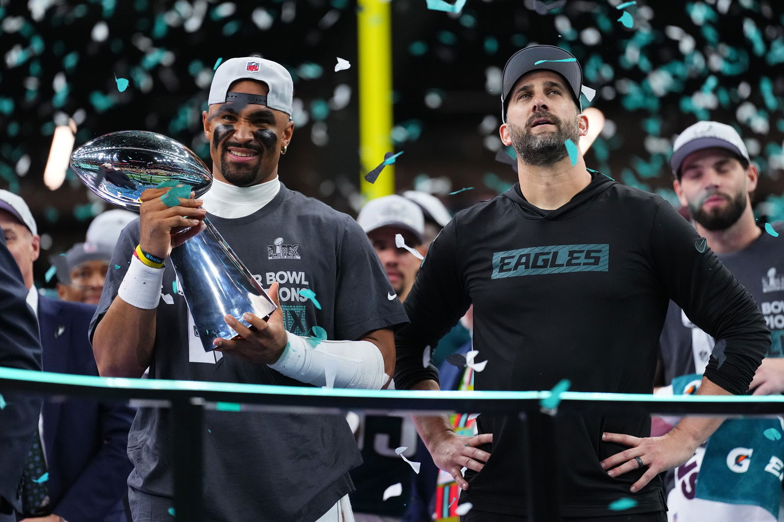 Jalen Hurts of the Philadelphia Eagles and head coach Nick Sirianni celebrate with the Lombardi Trophy