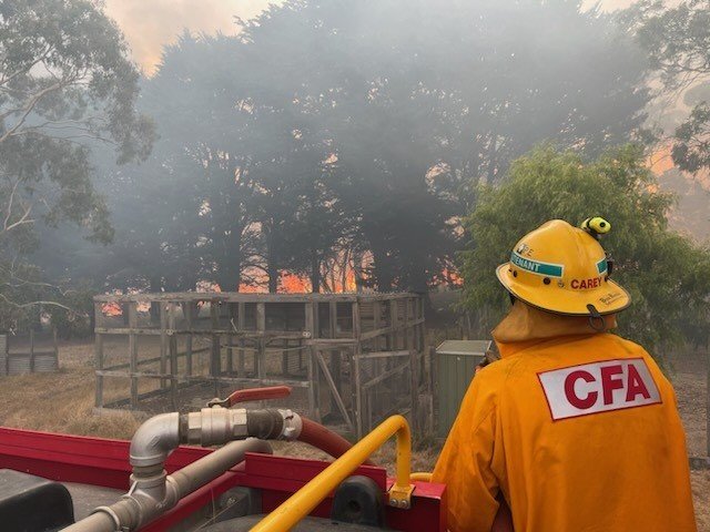 CFA member on a truck battling grassfire.
