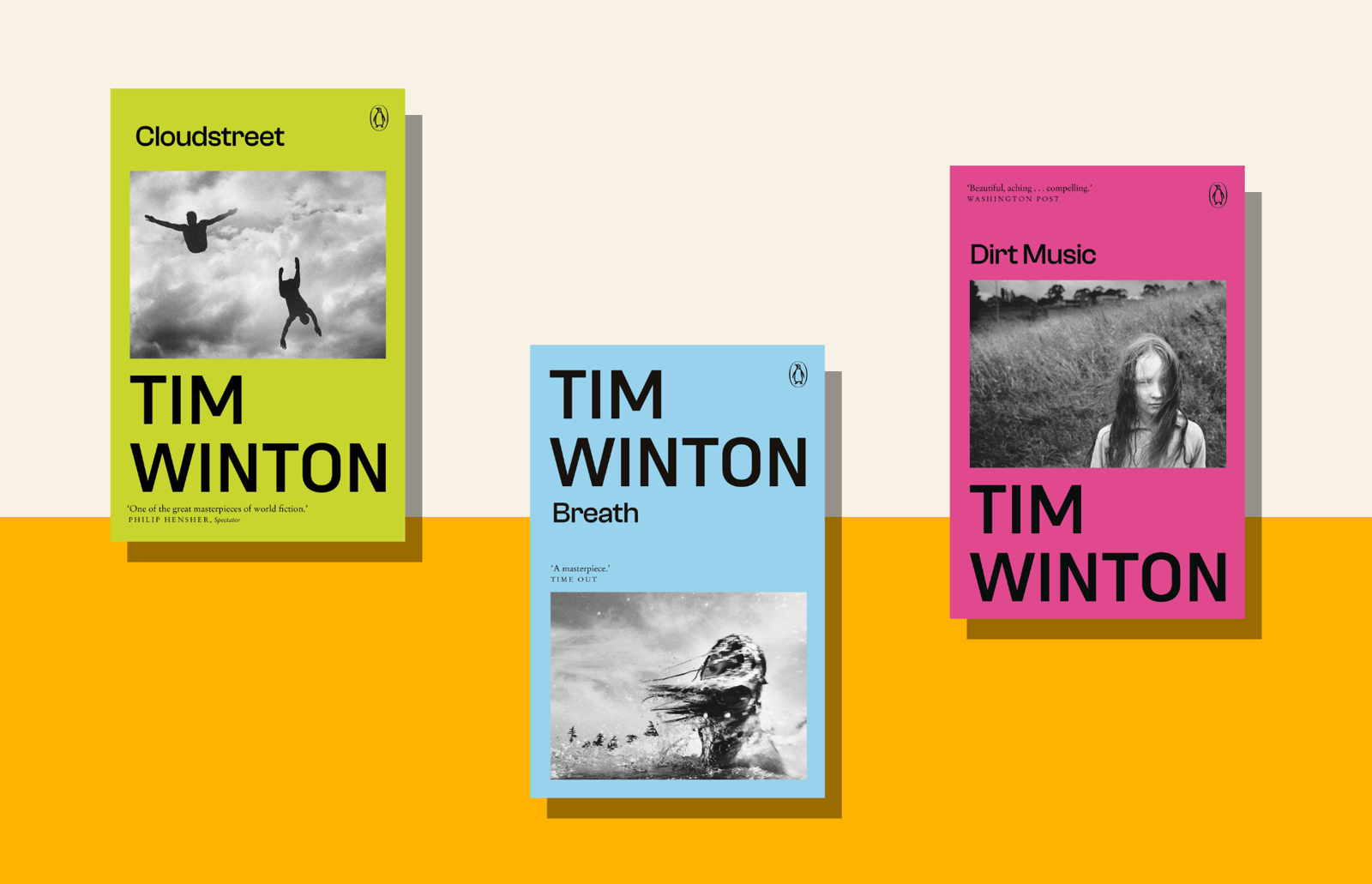Three stylised book covers on a yellow and cream background.