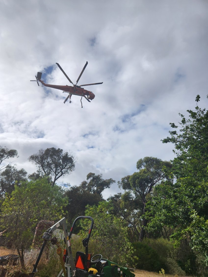 A helicopter flies above treetops in a cloudy sky.