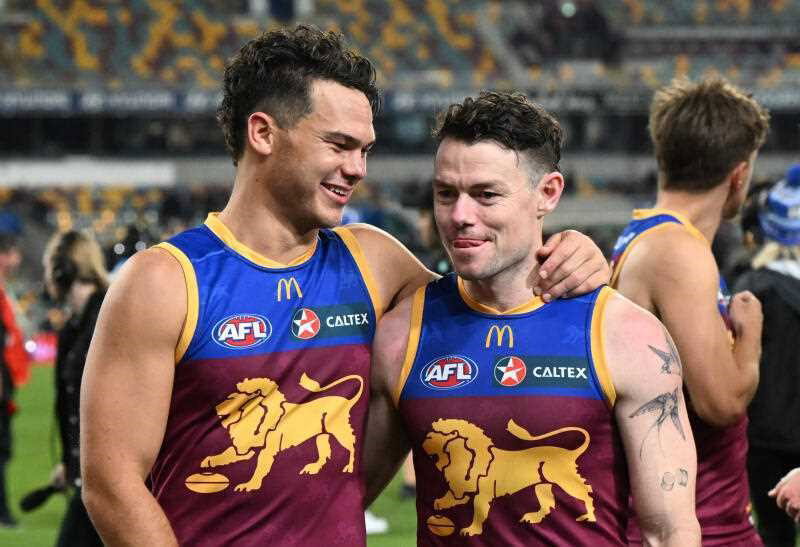 Cam Rayner and Lachie Neale celebrate after Brisbane's win over St Kilda