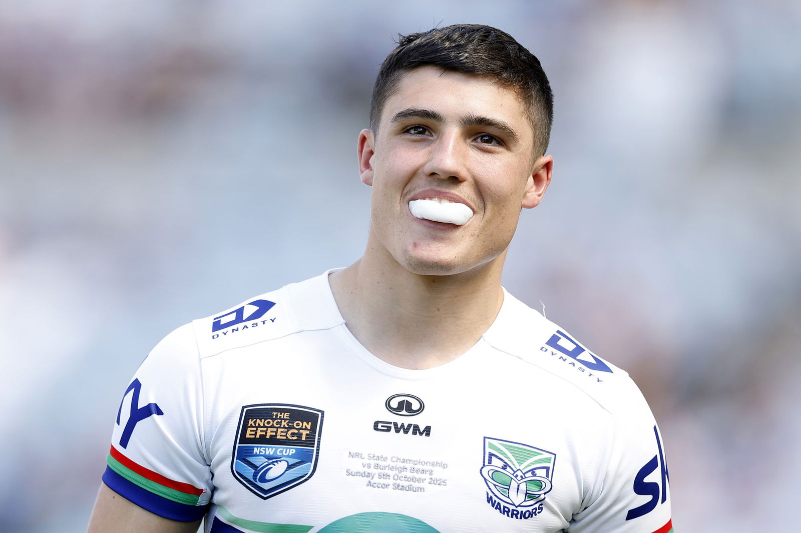 Jett Cleary shows his mouthguard.