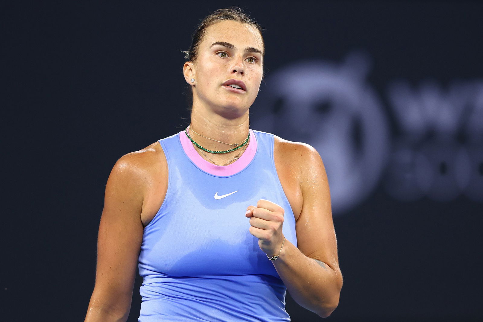 Aryna Sabalenka pumps her left fist.