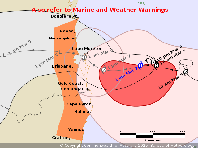 A cyclone track map showing the forecasted movement of Alfred towards Brisbane's north.