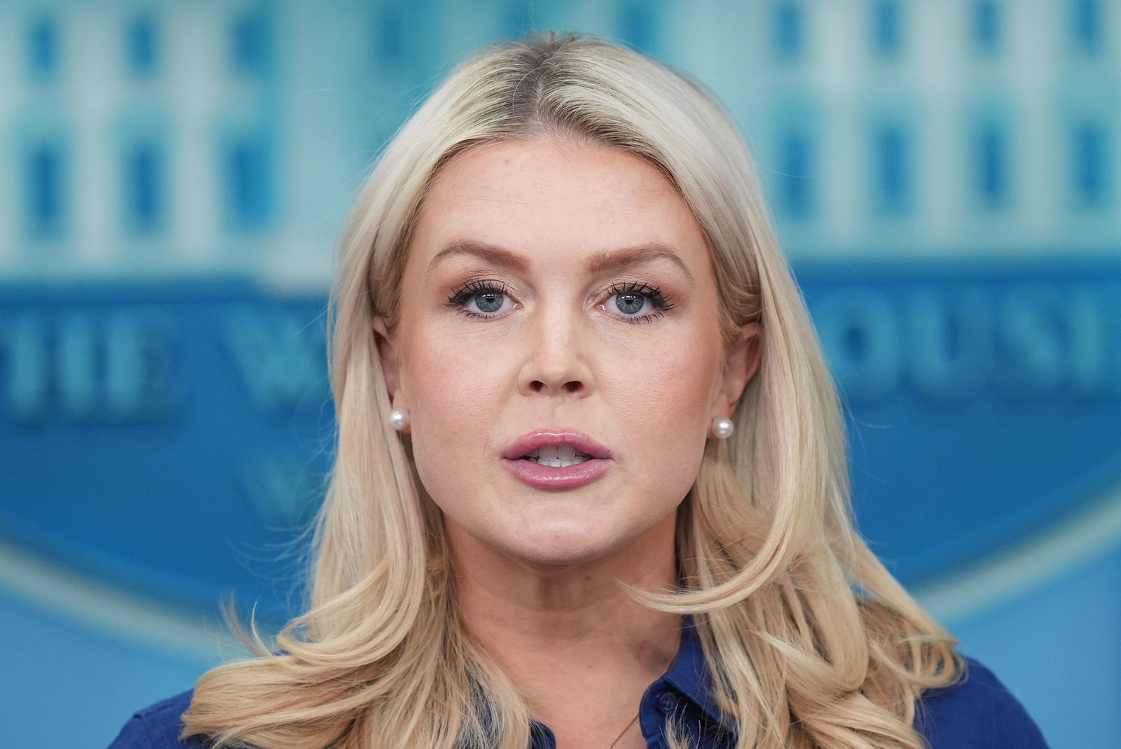 Una mujer rubia habla con los periodistas.