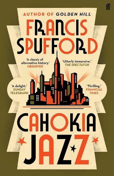 A book cover featuring cream art-deco designs on a gold background, with a stylised city skyline in the centre.