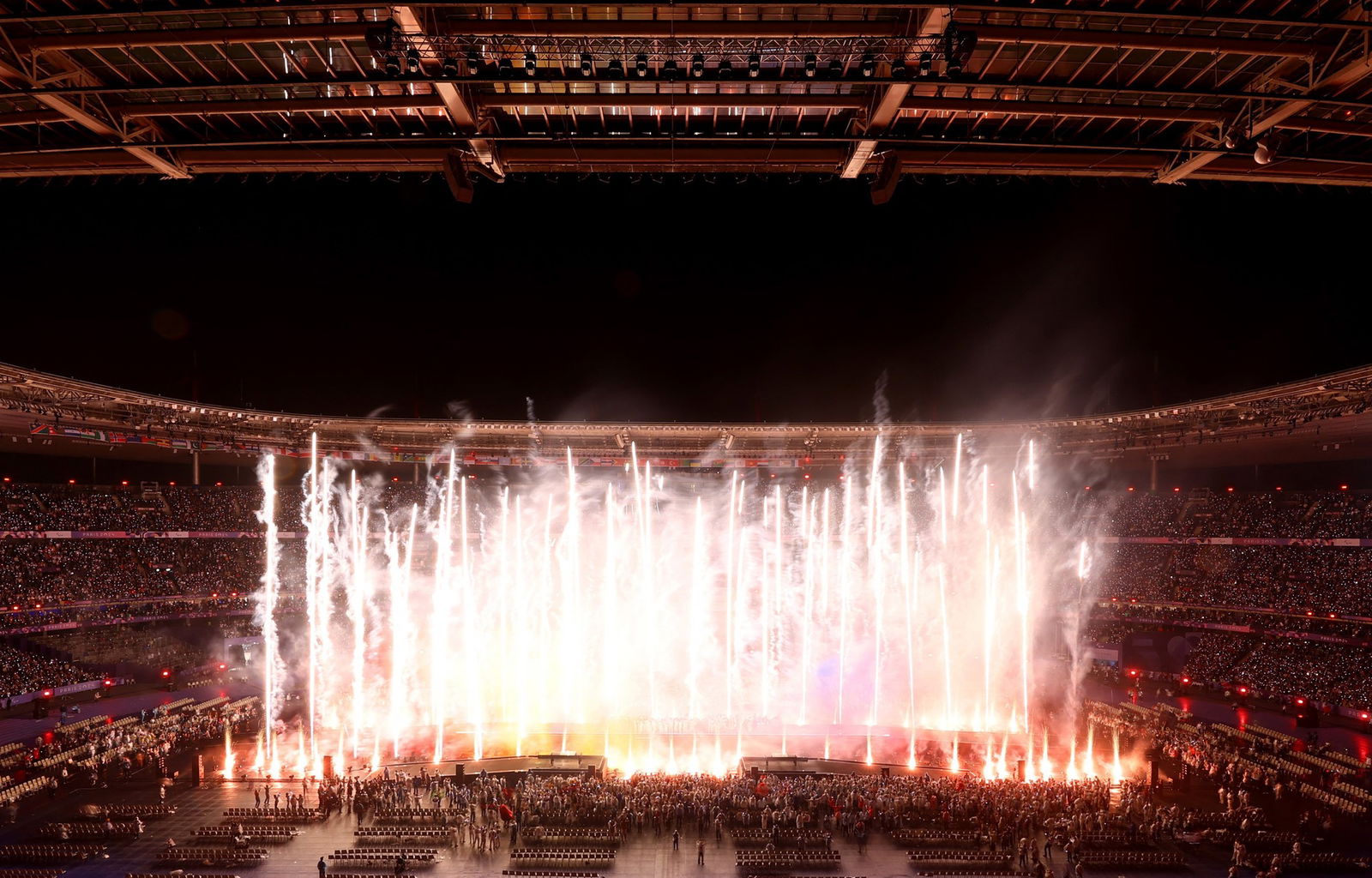 FIreworks are launched from the pitch of the Stade de France during the closing ceremony