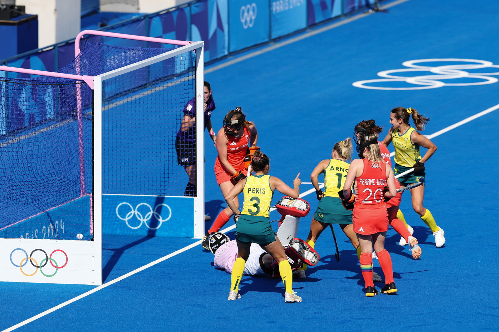 Rebecca Greiner scores the Hockeyroos' opening goal against Great Britain